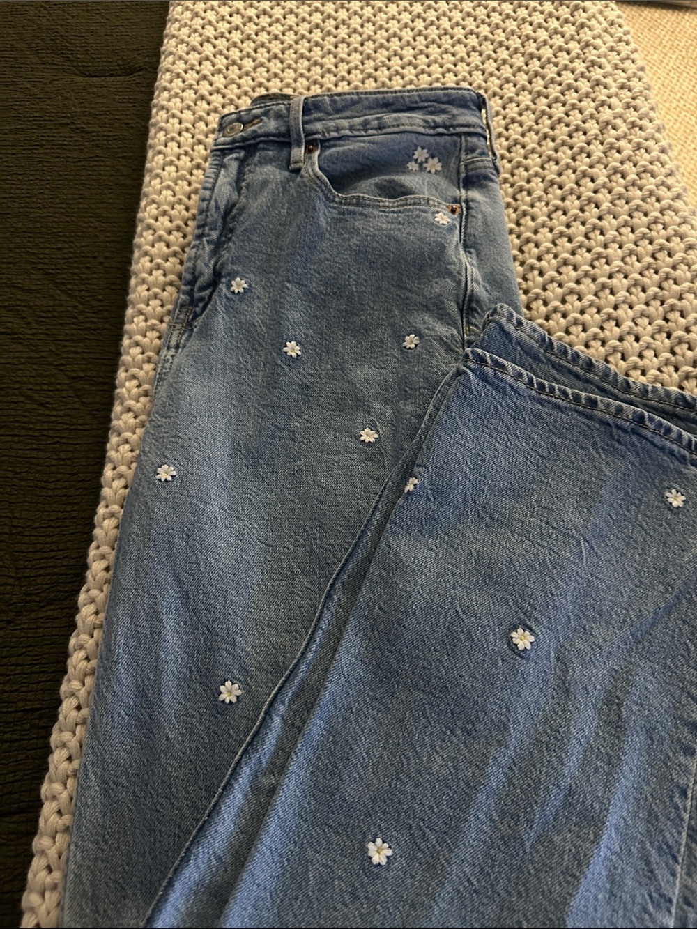 Old Navy Light Blue Straight-Leg Jeans with White Daisy Embroidery